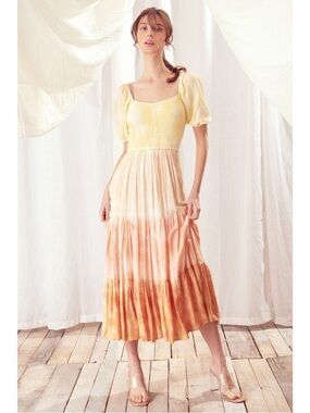 Storia Smocked Puff Sleeve Midi Dress Ombre Peach Pink Cream Boho 25268